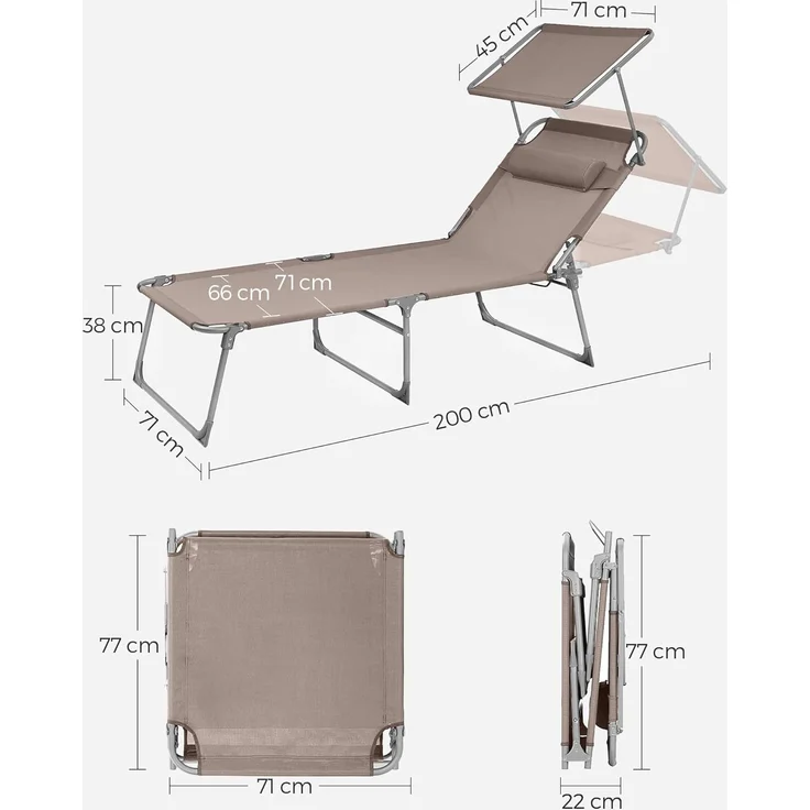 Songmics Sonnenliege mit Sonnenschutz, Kopfstütze & verstellbarer Rückenlehne, klappbar, 200 x 71 x 38 cm, Taupe – Bild 5