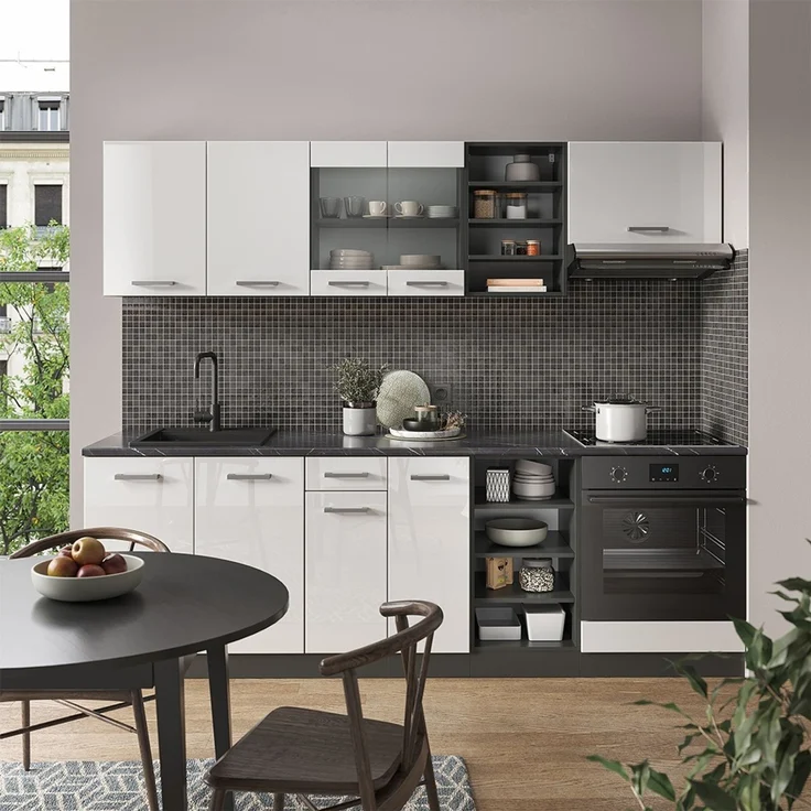 Küchenzeile R-Line Weiß Hochglanz/Anthrazit 240 cm , AP Marmor Vicco – Bild 4
