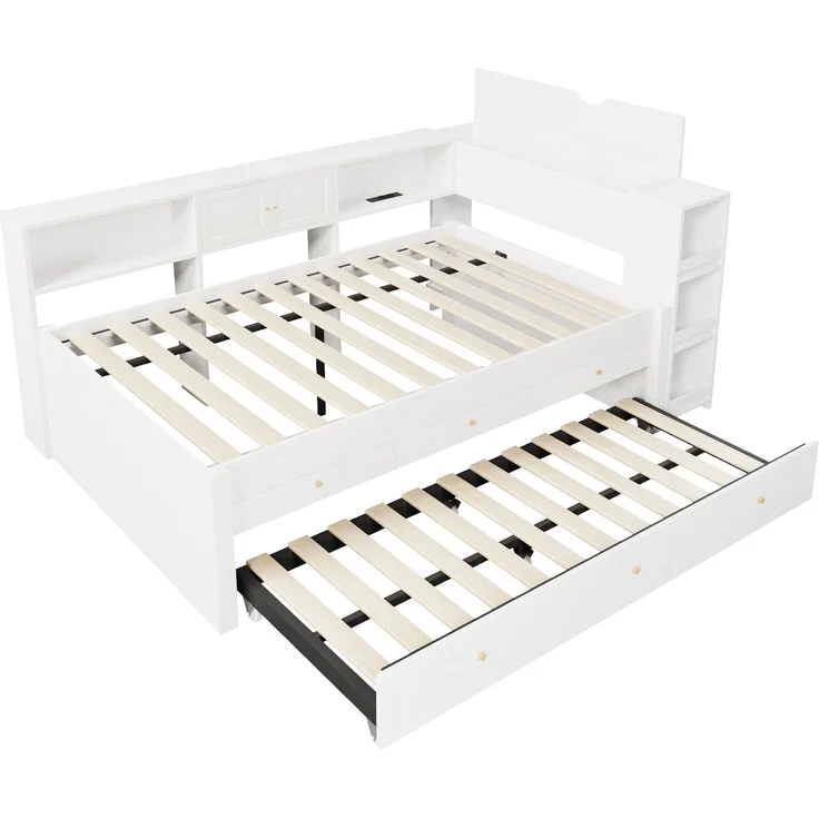 Holzbett mit USB-Anschluss, 3 Schubladen & Ausziehbett, 140x200 cm, Weiß, ohne Matratze – Bild 8