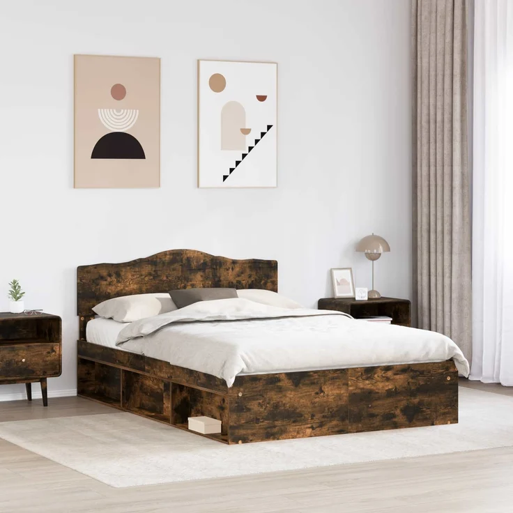 vidaXL Bettrahmen Geräucherte Eiche 140 x 190 cm Massives Kiefernholz 3412902 – Bild 2