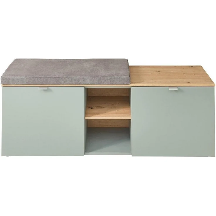 Stella Trading BARI Schuhbank in Schilfgrün, Artisan Eiche Optik FSC-Zertifiziert - Moderne Sitzbank mit Stauraum für Ihren Flur - 128 x 50 x 38 cm (B/H/T) – Bild 1