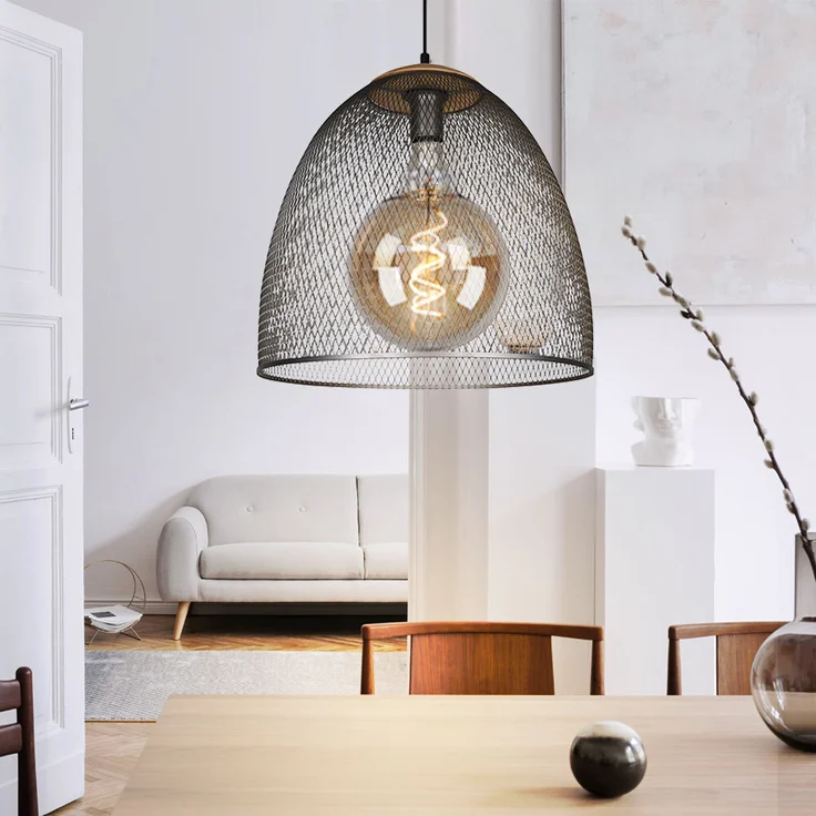 Pendelleuchte, Gitteroptik, Holz, silber, H 150 cm – Bild 2