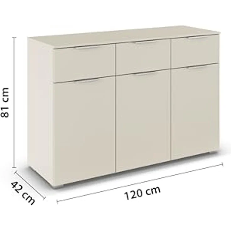 Rauch Möbel Alabama, Kommode für Schlafzimmer, Kinderzimmer, Garderobe, Flur, 3-türig, mit 3 Schubladen, Soft-Close-Fuktion, Farbe Beige, Griff Alufarben, Maße 120 x 81 x 42 cm – Bild 3