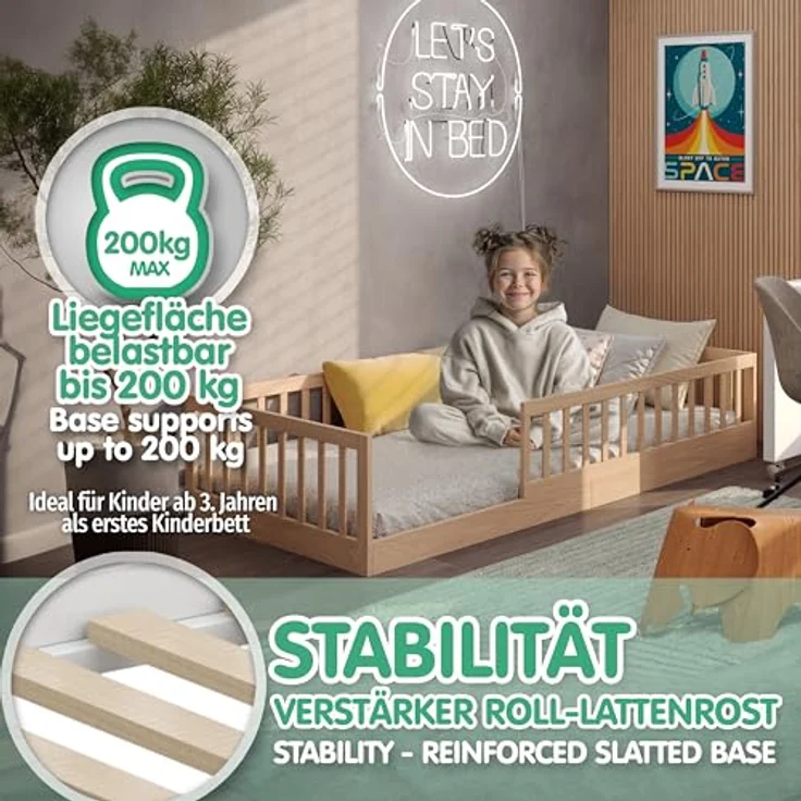 CADANI Kinderbett Timi Bodenbett bis 200 kg belastbar mit abnehmbarem Rausfallschutz (90x200 cm, Montessori Kinder- & Jugendbett aus Kiefer Massivholz), inkl. stabilem Roll-Lattenrost, Natur – Bild 5
