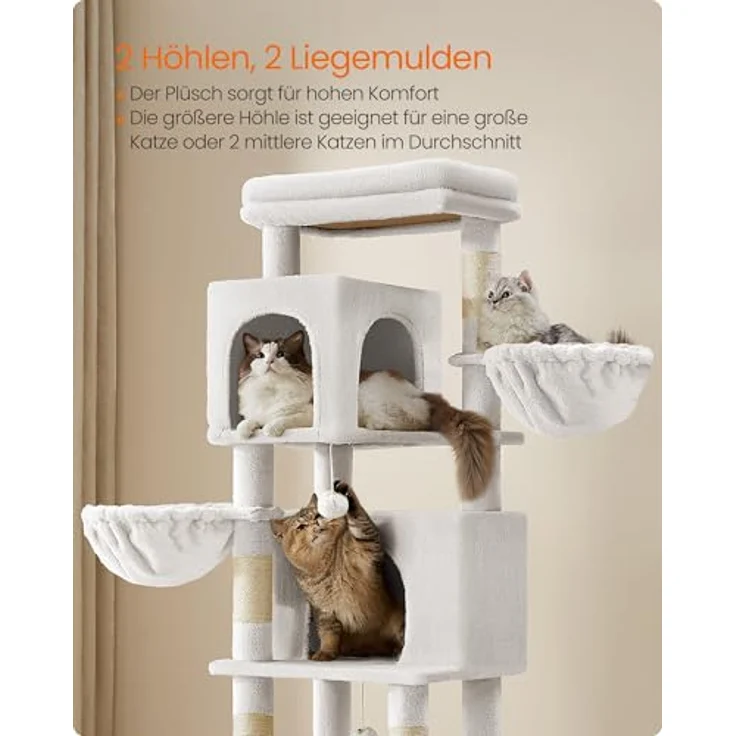 Feandrea Kratzbaum, 175 cm hoch, XL, mehrstöckiger Katzenbaum mit 2 Höhlen, 2 Liegemulden, 5 Kratzsäulen, Katzenbürste, große Plattform, cremeweiß PCT182W02 – Bild 5
