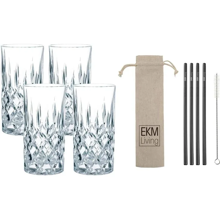 Nachtmann Noblesse Longdrink 375 ml 4er Set 89208 + 4er Set EKM Living Edelstahl Strohhalme schwarz gerade