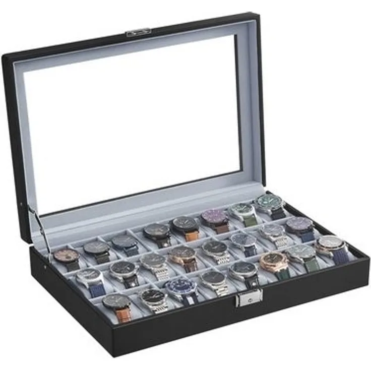 Songmics Uhrenbox Uhrenkasten, abschließbarer Uhrenkoffer, mit 24 Fächern