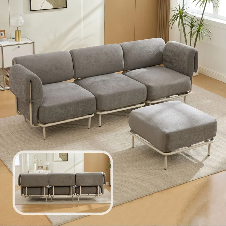 Modulares Dreisitzer-Sofa mit Hocker 251 x 155 x 78 cm – grauer Chenille-Bezug – Bild 3