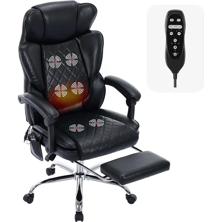 COLAMY Bürostuhl Ergonomisch mit Massagefunktion, Ergonomischer Schreibtischstuhl mit Heizfunktion, Chefsessel mit Fußstütze, 360° Drehstuhl, 94-125° Verstellbarer Rückenlehne, für Office, Schwarz