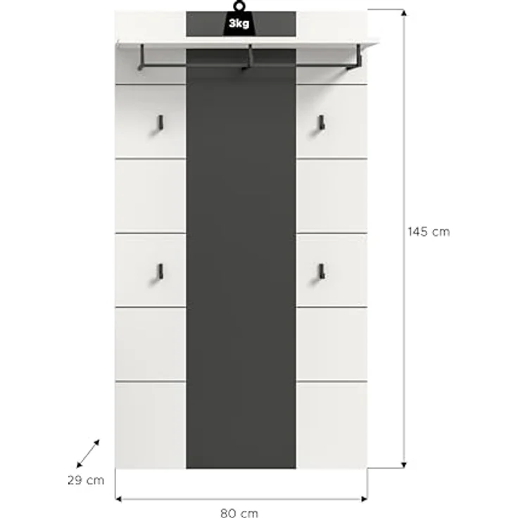 xonox. home - Paneel Canu 80 x 145 x 29 cm in Basalt grau und weiß Nb. - Wandpaneel Wandboard Wandgarderobe Garderobenwand Garderobenpaneel Flurpaneel - modern & stilvoll – Bild 4