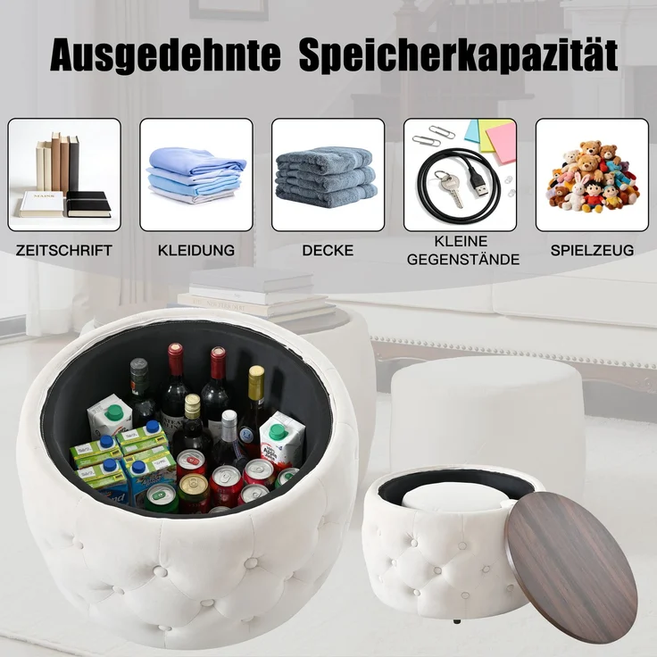 Luxuriöses 2er-Set Nesting-Hocker aus Samt, 4-in-1-Funktion, runder Stauraum-Fußhocker mit Holzablage, kein Aufbau erforderlich, Beige--Beige--59.6x59.6x38cm--YOUDENOVA – Bild 4