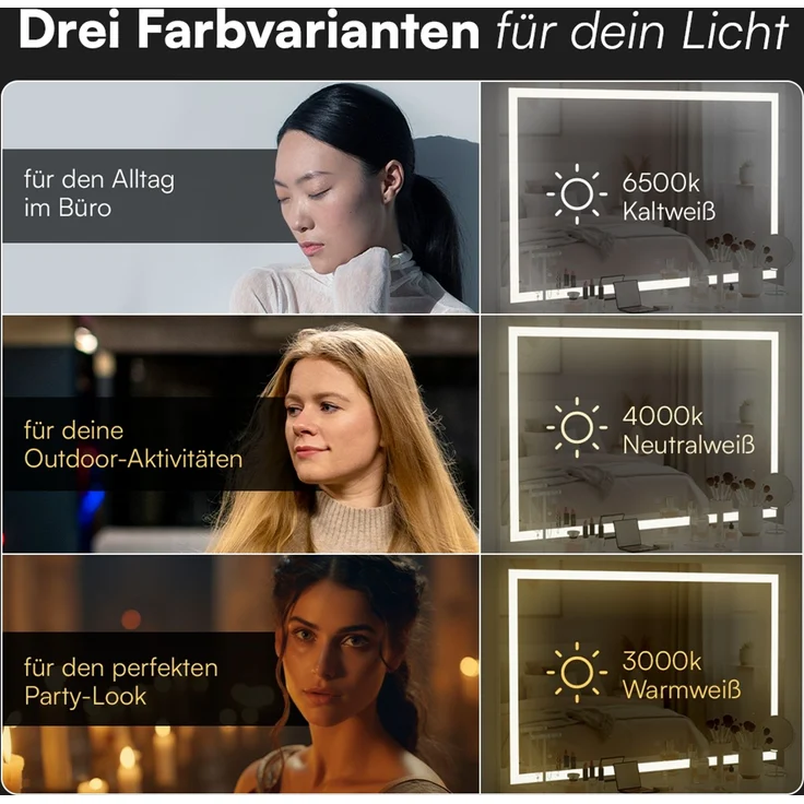 Bellamio 'Nore' Schminktisch mit Spiegel, mit 5 Schubladen, beidseitig montierbar, weiß, 75x53x110 cm, LED-Beleuchtung mit mit 3 einstellbaren Lichtfarben – Bild 3
