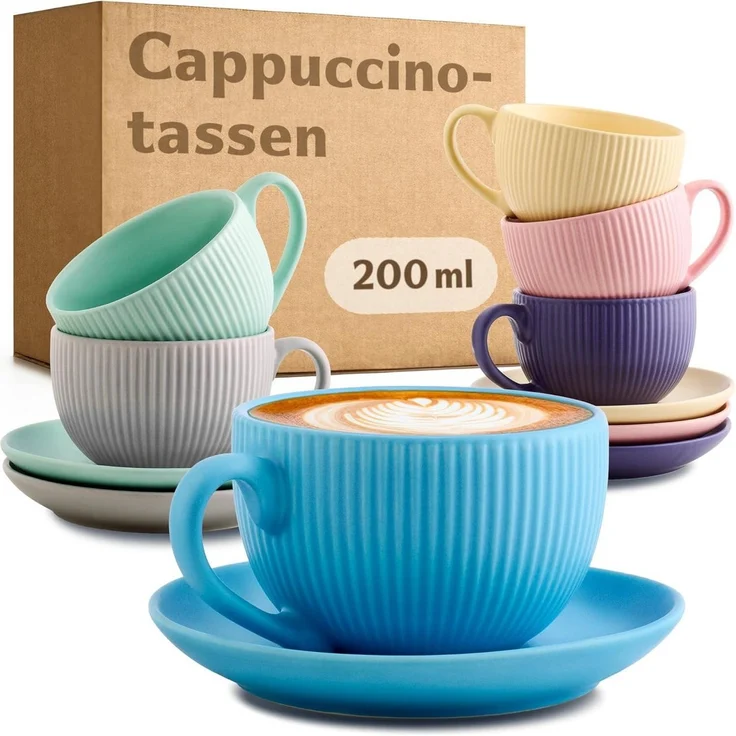 Cosumy Cappuccinotasse 6er Set mit Untertassen - 200 ml Kapazität - mattes Streifendesign, 12-tlg, Keramik, matt - spülmaschinenfest - mikrowellengeeignet - modernes Design – Bild 1