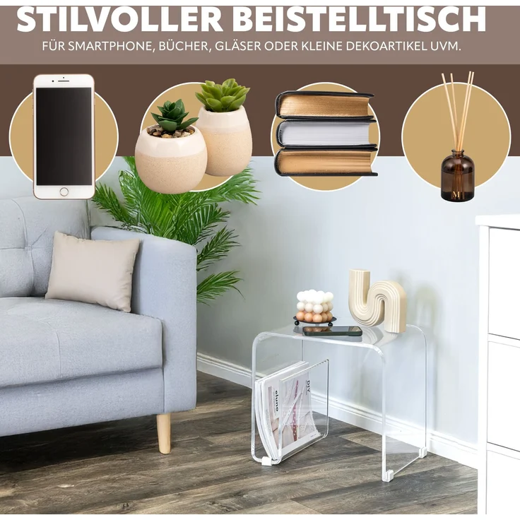 eluno Beistelltisch 2in1 aus Acryl mit Magazinhalter (1-St) – Bild 2