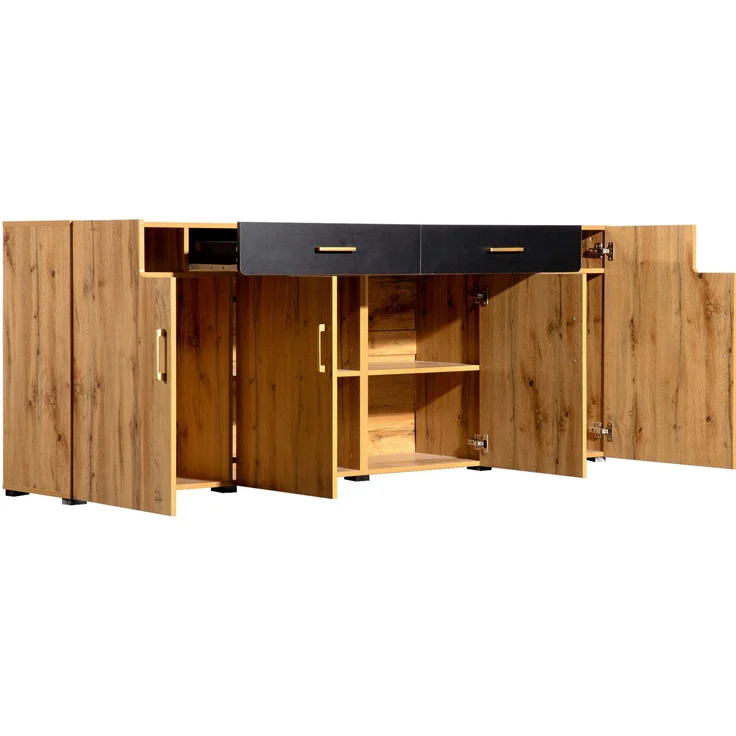 DESVIAE Sideboard mit 4 Türen und 2 Schubladen, 208x80x39,5 cm, Spanplatte und MDF, Weiß/Braun – Bild 7