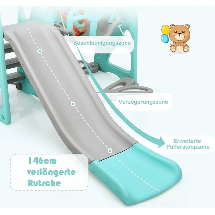 COSTWAY 4 in 1 Kinder Spielplatz, Kinder Rutsche Kletterleiter & Schaukel & Basketballkorb fuer Kinder, Schaukelgeruest, Kinderschaukel, Kinderrutsche fuer Outdoor und Indoor Gruen – Bild 4