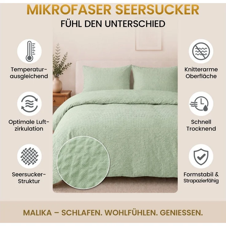 Malika Bettwäsche aus 100 % Mikrofaser, 1 x 155 x 220 + 1 x 80 x 80 cm, Seersucker, Salbei, Seersucker, 2 teilig, Für Allergiker geeignet, pflegeleicht, angenehm weicher Stoff – Bild 3
