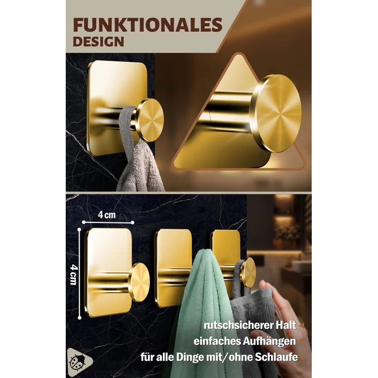 Lindenstein Wandhaken 6er-Set Gold – Edelstahl V2A, 3M-Pads, ohne Bohren – Bild 3