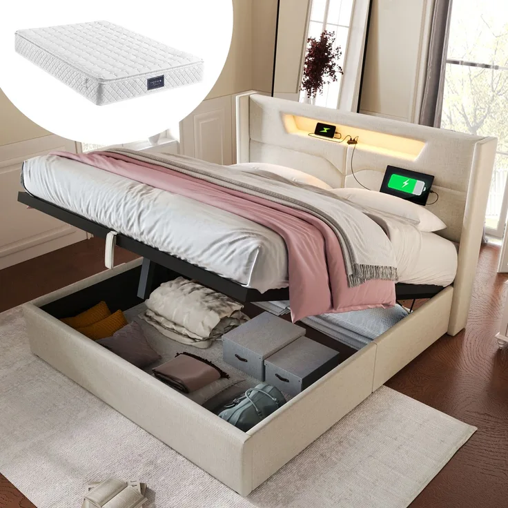 Polsterbett mit LED-Beleuchtung 140x200 cm, USB- und Type-C-Ladefunktion, verstellbarer Lattenrost,Beige,inklusive Matratze