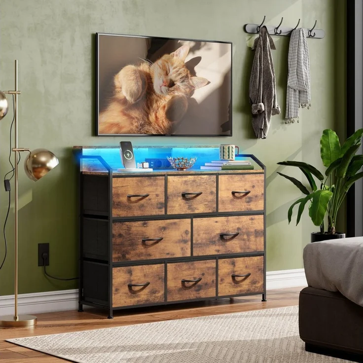 WLIVE Kommode mit 8 Stoffschubladen, LED-Beleuchtung und Ladestation (Aufbewahrungsschrank mit Holzplatte und Metallgestell, Aufbewahrungsschrank mit Holzplatte und Metallgestell), Schlafzimmerkommode für Wohnzimmer, Flur und Schlafzimmer – Bild 2