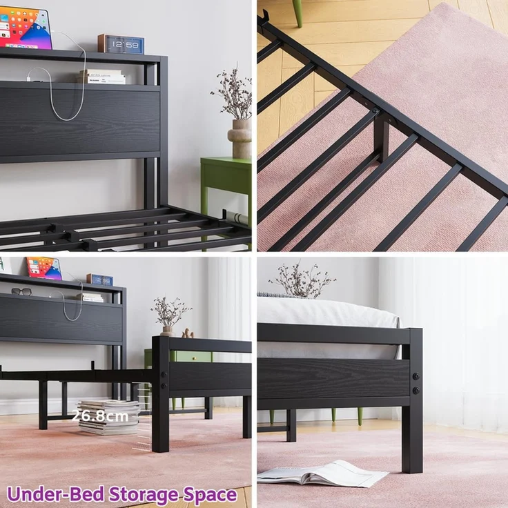 Homerecommend Metallbett 140x200 cm, Doppelbett und Jugendbett, mit LED-Beleuchtung, Steckdose und 2 USB-Anschlüssen, Vintage Schwarz – Bild 7