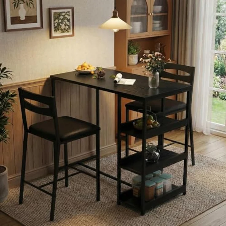 GarveeHome 3-Teiliges Esszimmer-Set Mit 2 Stühlen Und 1 Tisch, Platzsparender Esstisch Mit 3 Offenen Ablageflächen, Hoher Esszimmerstuhl Mit PU-Leder Sitzkissen, Für Esszimmer Und Wohnzimmer – Bild 2