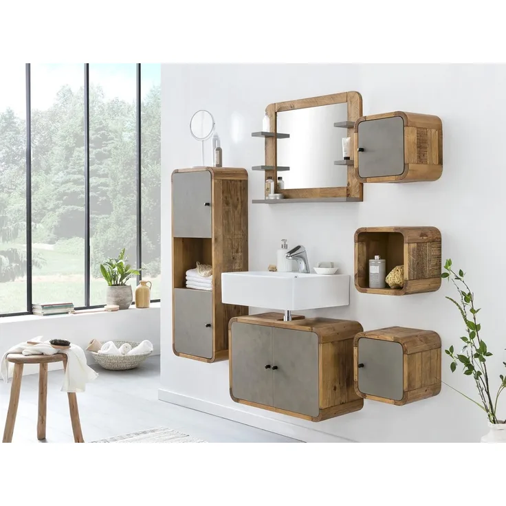 Badmöbelset Dingle 6tlg Woodkings recycelte Pinie MDF natur grau 137x110x30cm Badset-Holz Betonoptik Modernes-Badezimmer