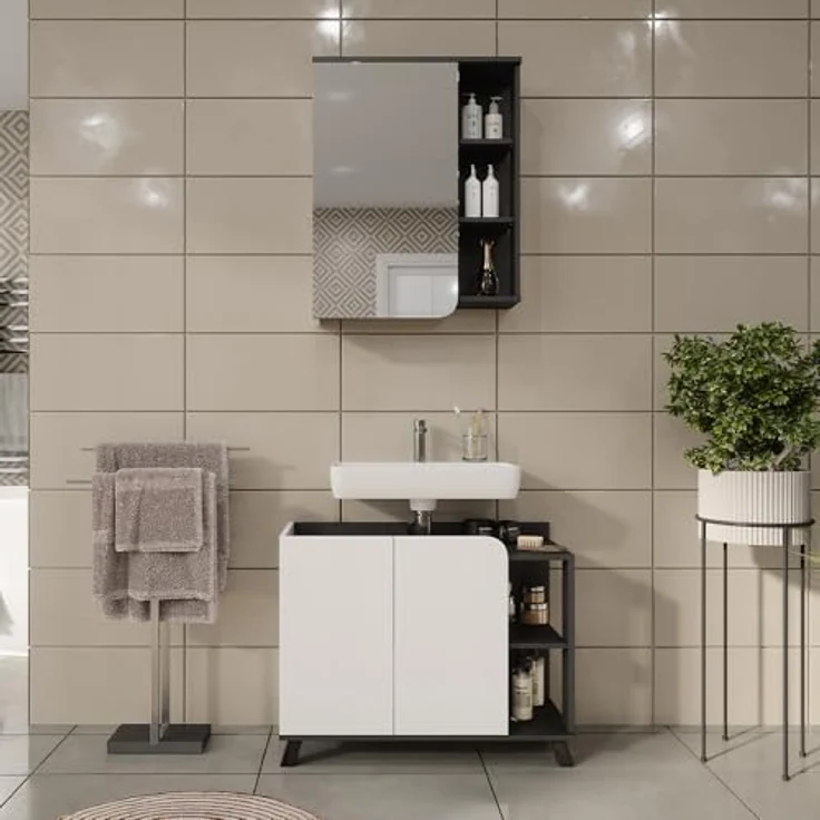 Vichy Badmöbel-Set Karen, Waschbeckenunterschrank und Spiegelschrank, Anthrazit/Weiss, 2 Teile – Bild 3