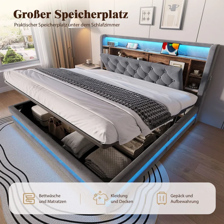 TavilaEcon Boxspringbett Samtbett, Polsterbett mit LED-Beleuchtung & USB-Ladefunktion grau Liegefläche 180 × 200 cm – Bild 4