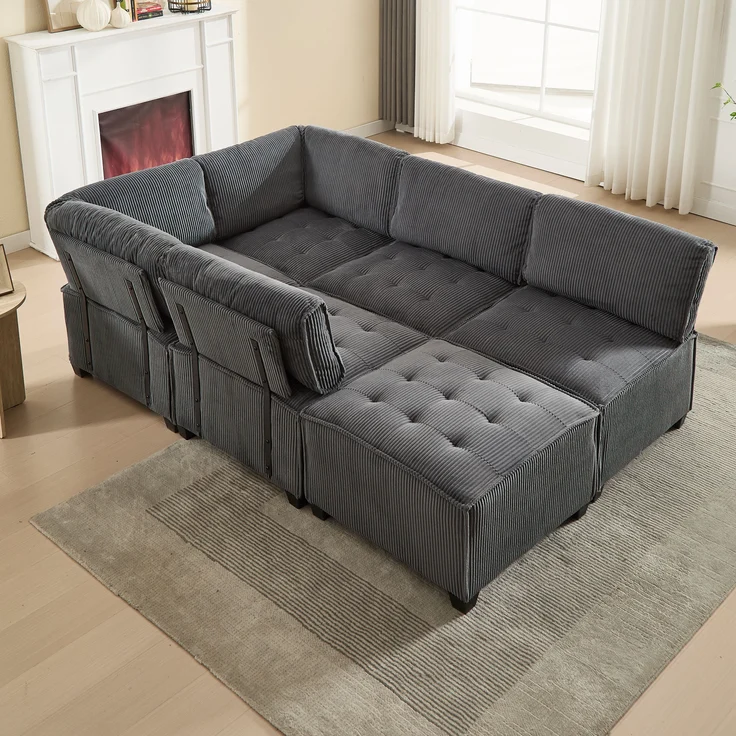 Modulares 6-Sitzer Cord-Sofa, grau, frei kombinierbar, 308x154x82 cm – Bild 3
