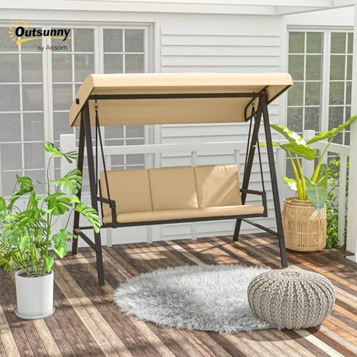 Outsunny Hollywoodschaukel Schaukelbank mit Verstellbarem Dach, Rückenkissen, 3-Sitzer, mehrfach verstellbares Dach, Gartenschaukel, 1 tlg, Schwingbank, bis 360 kg Belastbar, Beige, 200 x 125 x 175 cm – Bild 2