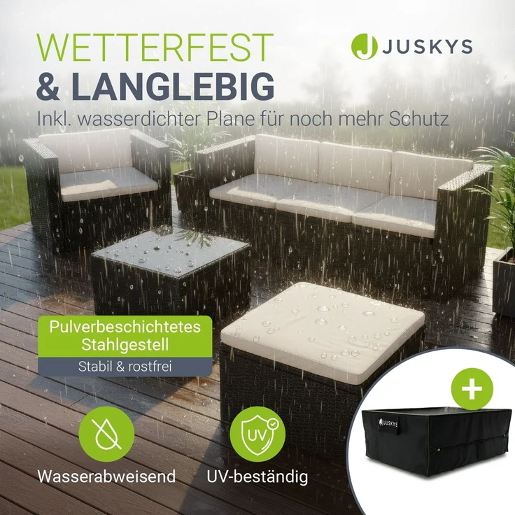 Juskys Polyrattan Lounge Punta Cana L schwarz inkl. Abdeckung – Gartenlounge für 4-5 Personen – Sitzgruppe mit Sessel, Sofa, Tisch & Hocker - Sitzbezüge Dunkelgrau – Bild 2