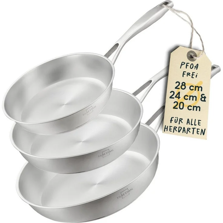 SILBERTHAL Bratpfanne Edelstahl 3er Pfannenset Unbeschichtet, Edelstahl (3-tlg), für Röstaromen, spülmaschinenfest, backofenfest bis 400°C – Bild 1
