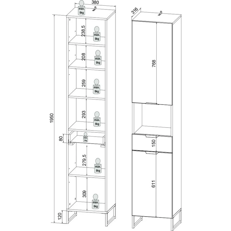 Hochschrank Djerba / Denver, Holzwerkstoff, Beige, Holzfarben, 38 x 195 x 32 cm – Bild 12