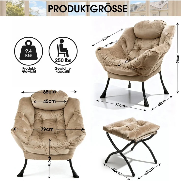 Loungesessel Set mit Hocker, Polyester Bezug, Metallgestell, bis 150kg, ergonomisch, klappbar, für Wohnzimmer Garten,khaki – Bild 5