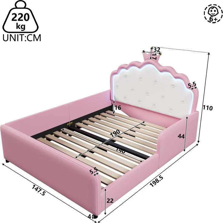 Polsterbett, 140x190 cm, Ohne Matratze, Mit LED-Lichtleiste, Prinzessinnenbett in Kronenform, Sicherheitsgitter, PU, Rosa – Bild 7