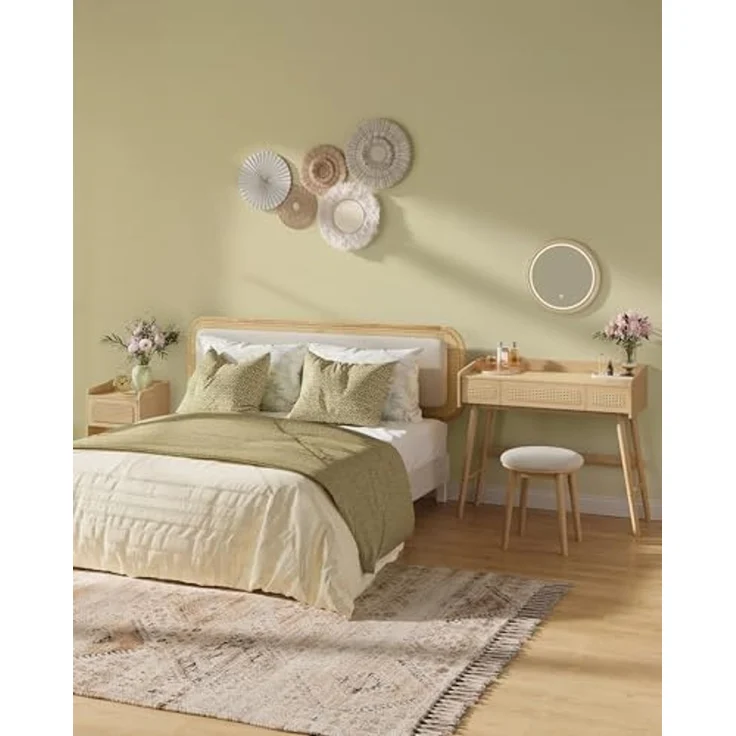 SONGMICS HOME BOHOVEN Kollektion - Schminkhocker, Schminktisch-Hocker gepolstert, Massivholzbeine, Sitzhocker rund, Fußhocker, rutschfeste Fußpads, Boho-Stil, Schlafzimmer, cremeweiß-eichenbeige – Bild 2