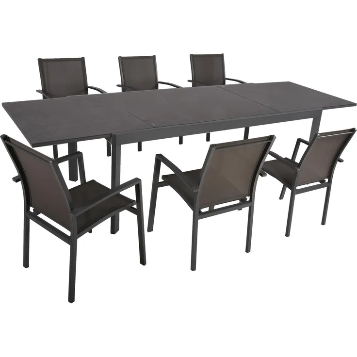 Garden Pleasure Garten Tischgruppe NEREA 7-tlg Ausziehtisch und 6 × Stapelstuhl ELENA Grau 200x100x75 cm