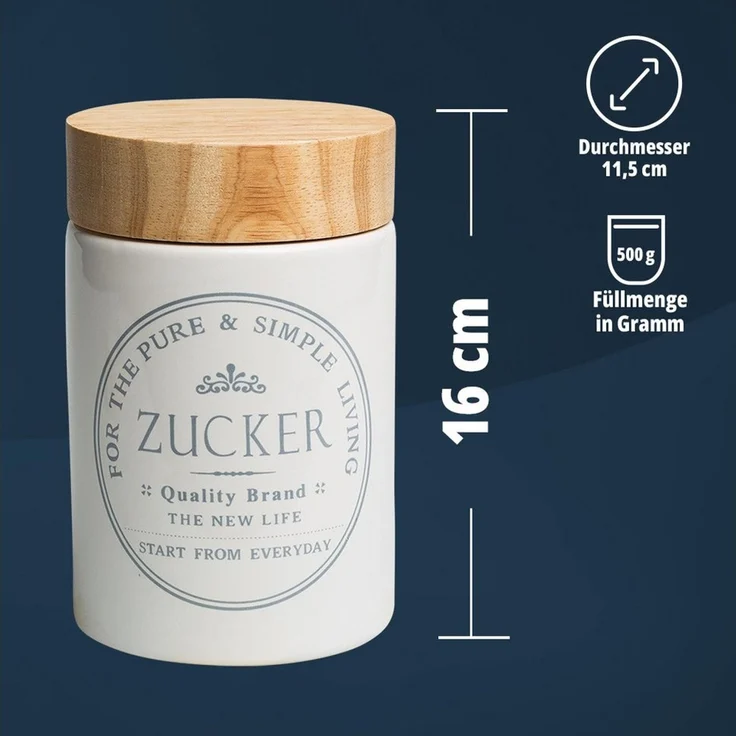 KHG Vorratsdose für Zucker aus Steinzeug mit Akazienholz‑Deckel – im Landhausstil, Steingut, Aufbewahrungsdose für Zucker, schützt Aroma da luftdicht verschließbar – Bild 3