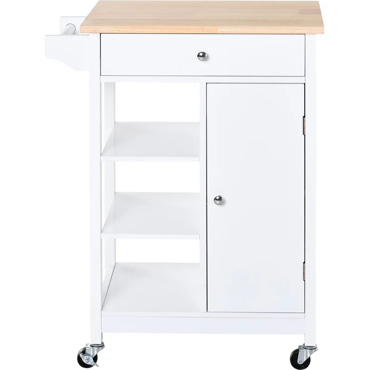 Platzsparender MDF-Küchenwagen mit Gummiholz-Arbeitsplatte, 66.0×39.5×86.5cm, Piano natur weiß, MELAYR – Bild 2