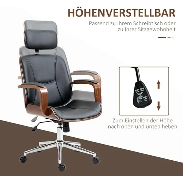 Vinsetto Bürostuhl mit Hoher Rückenlehne, Abnehmbarer Kopfstütze (Höhenverstellbarer Drehstuhl, 1 St), mit Wippfunktion aus Kunstleder für Home-Office Schwarz – Bild 4