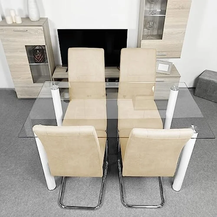 Homey Packung mit 4 gepolsterten Stühlen für Wohnzimmer, Esszimmer, beige, mit verchromten Beinen, Modell Skadi, Aluminium, 42,5 cm (B) x 52 cm (T) x 99 cm (H) – Bild 7