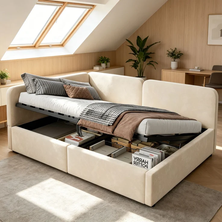 LVHOM Polsterbett 140x200 mit Stauraum, Samt Tagesbett mit Hydraulik, 2-in-1 Schlafsofa Bettgestell mit Lattenrost, Einzelbett, Beige – Bild 1