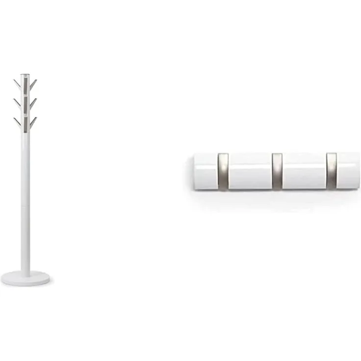 Umbra Flapper Garderobenständer – Kleiderständer mit 9 herunterklappbaren Aluminimum-Haken, Holz, Weiss, 57.2 x 57.2 x 165.1 cm & Flip 3 Garderobenhaken – Garderobenleiste mit 3 Beweglichen Haken,Weiß