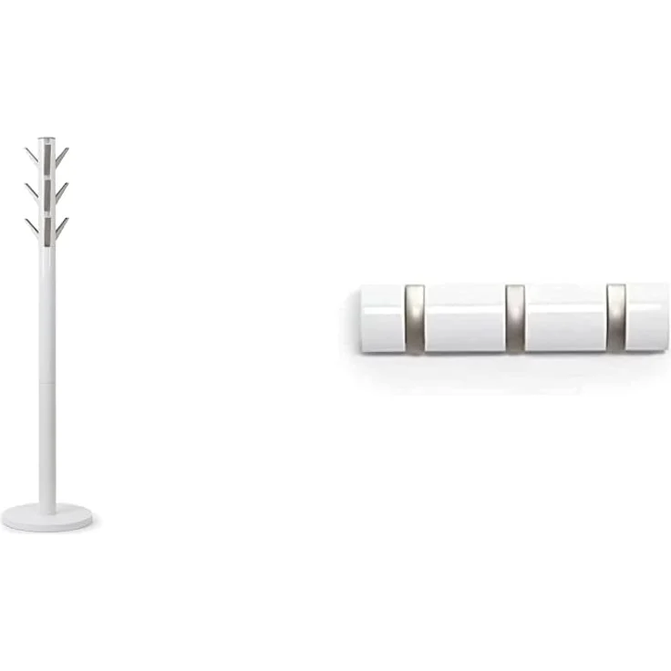 Umbra Flapper Garderobenständer – Kleiderständer mit 9 herunterklappbaren Aluminimum-Haken, Holz, Weiss, 57.2 x 57.2 x 165.1 cm & Flip 3 Garderobenhaken – Garderobenleiste mit 3 Beweglichen Haken,Weiß