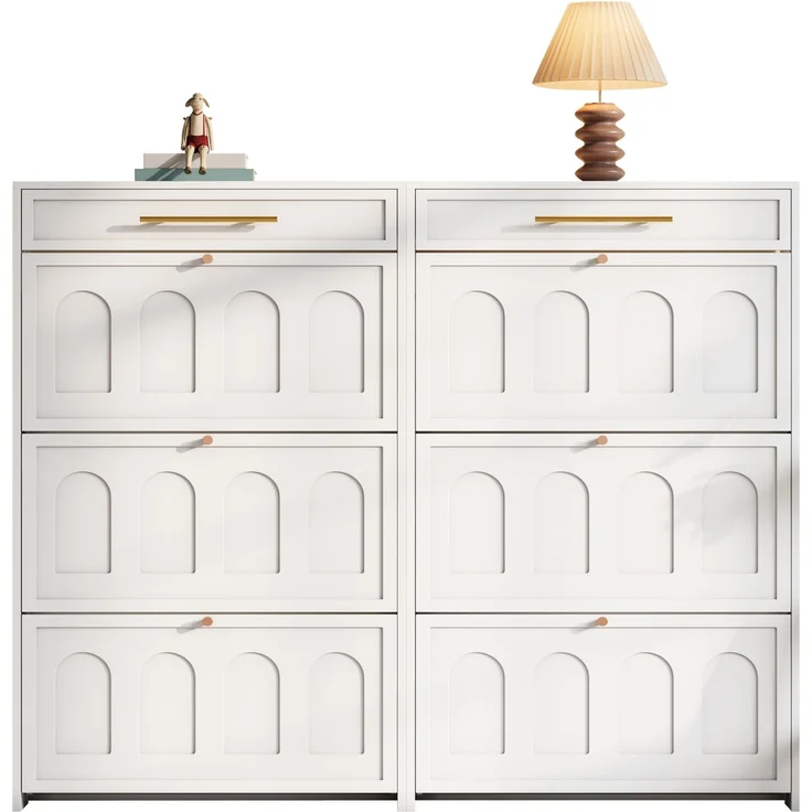 ZUBALIYA Schuhschrank (140 x 25 x 123,5 cm), 2 Schubladen, Verstellbare Einlegeböden, Stauraum für Flur und Eingangsbereich, Weiß – Bild 5