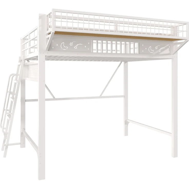 Hochbett,140 x 200 cm, Metallbettgestell, Staufächer, offene untere Ebene, Ohne Matratze, Weiß – Bild 10