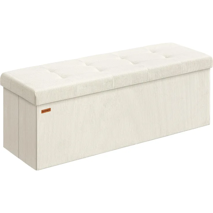SONGMICS Sitzhocker mit Stauraum, klappbare Sitzbank, 38 x 110 x 38 cm Fußbank, Bettbank, Aufbewahrungsbox, bis 300 kg belastbar, Wohnzimmer, Schlafzimmer, Eingangsbereich, cremeweiß