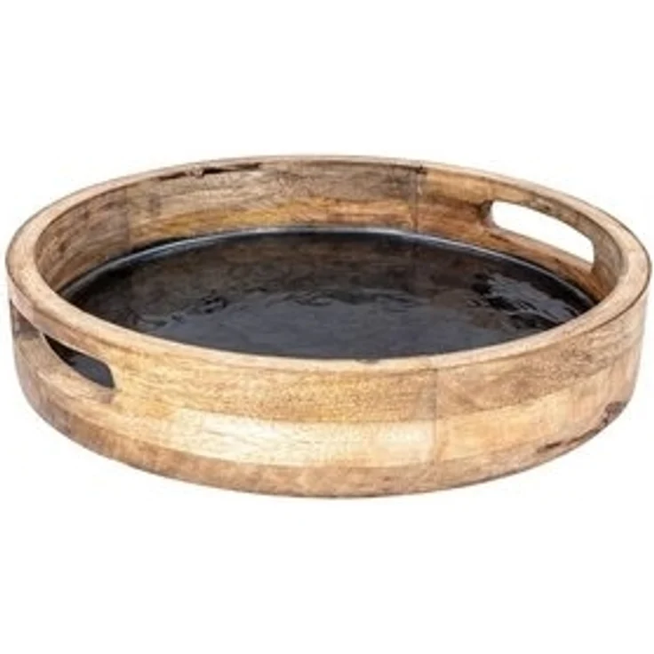 Levandeo® Dekotablett, Tablett 35cm Rund Mango Holz Grau Perlmutt Emaille Ablage – Bild 6
