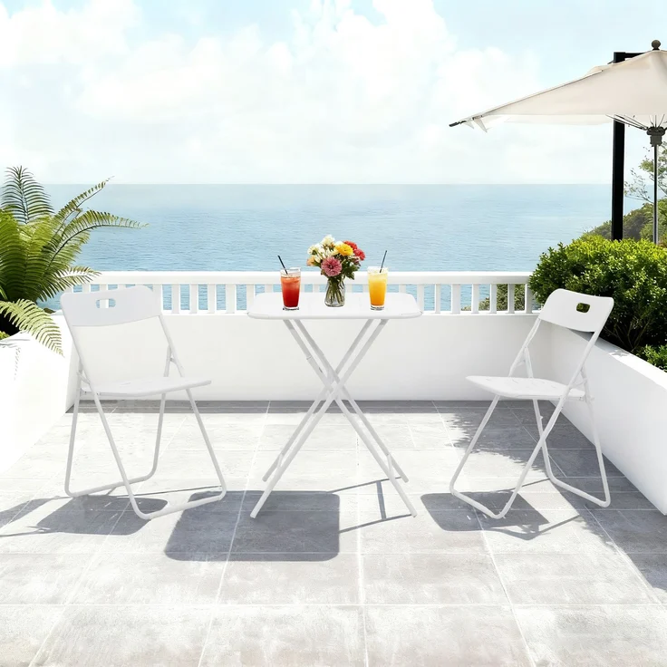 LVHOM Bistroset 3-tlg, Gartenmöbel-Set mit klappbaren Stühlen und Tisch, Balkonmöbel Set aus Stahl, wetterfeste Sitzgruppe, Weiß – Bild 3